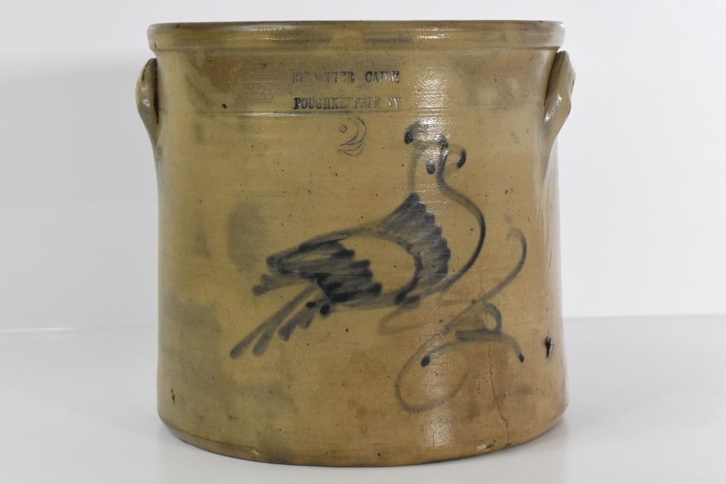 Riedinger & Claire Blue Bird Decorated Crock: 2 gallon at 9.5 inches tall. Dark spots in areas. Stamped Riedinger & Claire Poughkeepsie NY 2. Loss as seen in photos Provenance: Acquired from a single owner private estate collection originating
