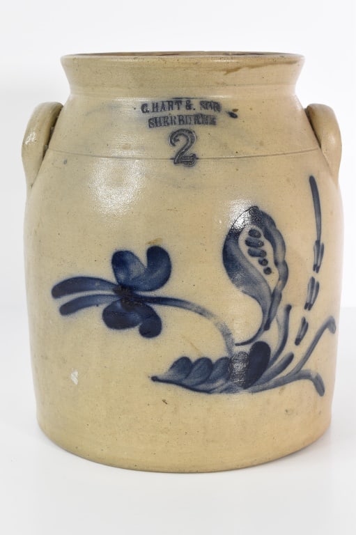 Chart & Son Sherburne 2 Gallon Blue Decorated: Crock; No lid. Over 10 inches tall.. Stamped Chart & Son Sherburne 2. Floral blue decorated design. Some edge chips on the top rim area. Left handle has a chip. Other handle has tannish peach looking