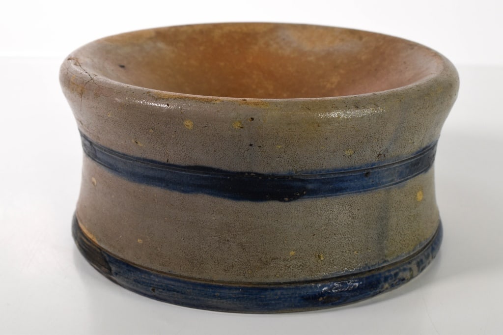 Blue Decorated Band Stoneware Spitoon: 1 area has a few hairline cracks in it. Chip all around. No markings. Under 8 inches wide. Provenance: Acquired from a single owner private estate collection originating in Gettysburg, Pennsylvania. T