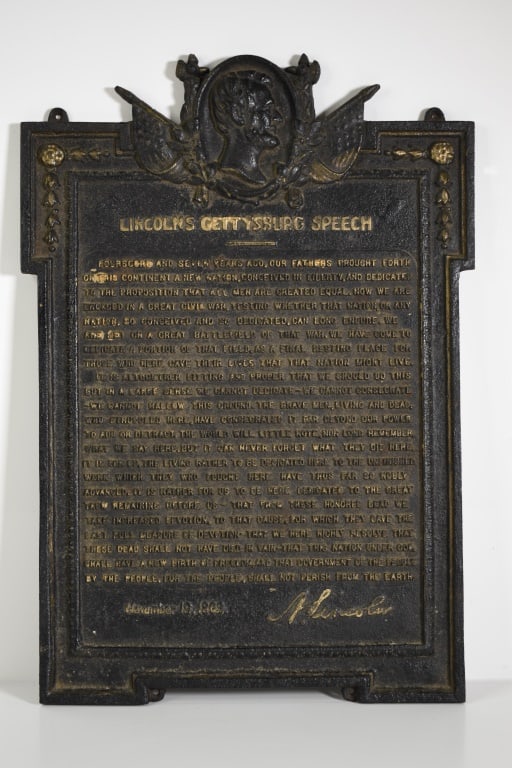 Lincoln's Gettysburg Speech Plaque Bronze: 1 Solid piece construction. Mounting holes are not damaged. Size is 13.25 x 19 inches. No markings. Provenance: Acquired from a single owner private estate collection originating in Gettysburg, Pennsy
