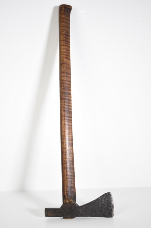 Antique Tiger Maple Handled Battle Axe: No markings. Some pitting. Edge shows some resharpening. Head is roughly 5.25 inches long. From the top of the head to the bottom of the handle it is 16.75 inches. Provenance: Acquired from a single o