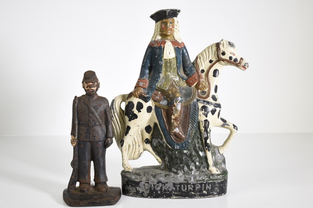 Union Soldier & Dick Turpin Cast Iron: Dick Turpin is roughly 11 inches tall. Filled in with cement. Paint loss. Made out of a spelter metal. Single cast iron Union soldier book end. we could not find the Confederate one. Paint loss and su