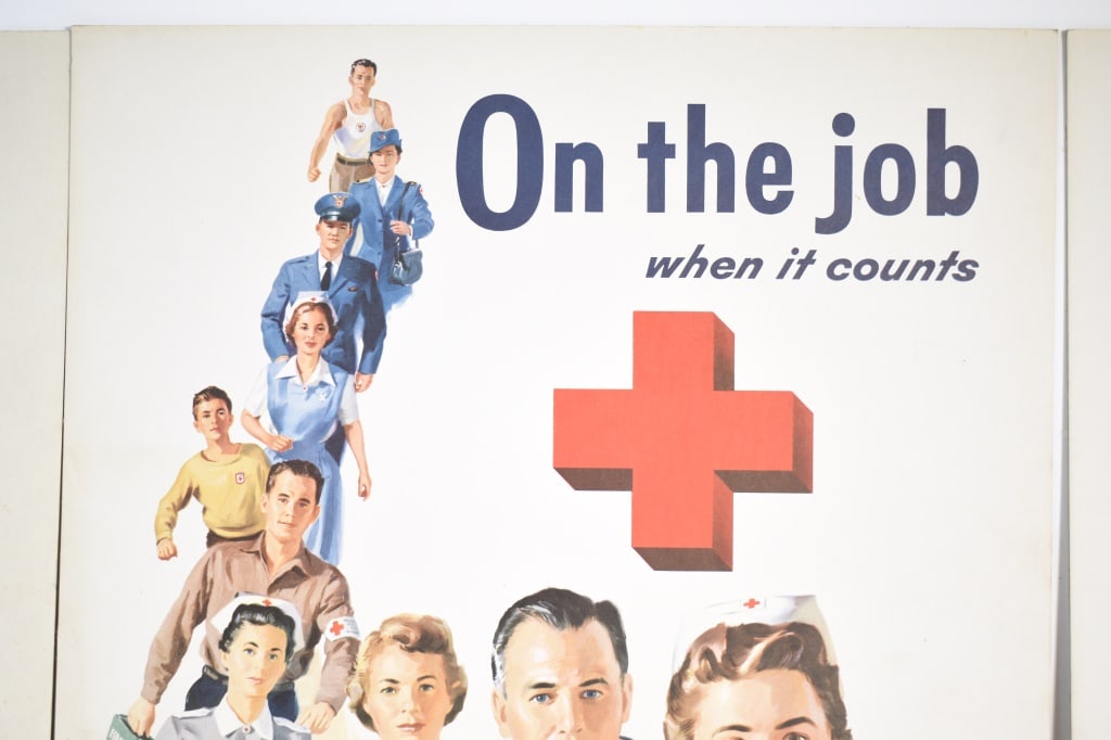 American Red Cross Cardboard Posters (4): 19 x 15 inches. Lithograph is made in USA. Lower right corner is numbered 57 fc 11. Some staining on the bottoms. Colors are still bright. Edge wear. Provenance: Acquired from a single owner private e