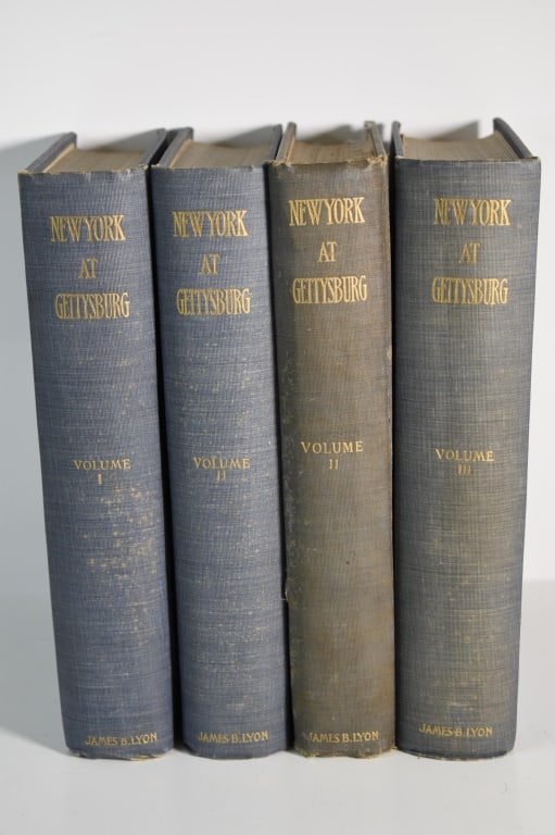 New York at Gettysburg Books: Decent looking examples. 3 volume set with a duplicate of volume 2. Covers show age wear. Published 1902. Volume 3 is missing it's map. 1 of the volumes 2 is well used example. Provenance: Acquired fr