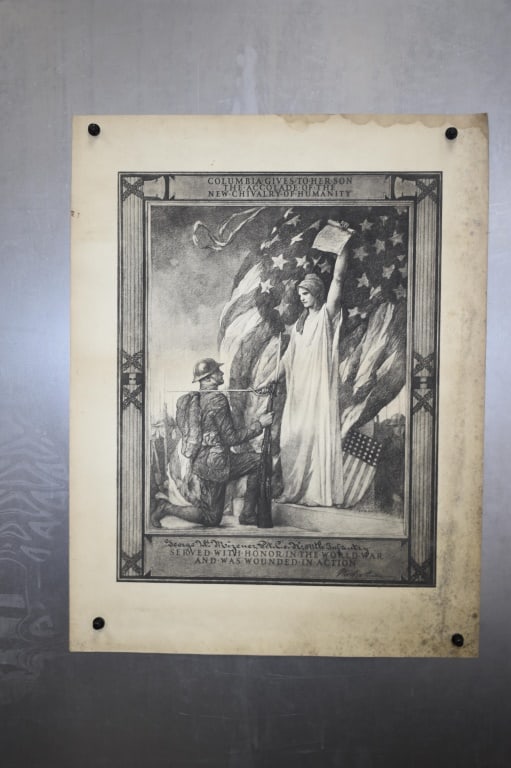 WWI US Army 311th Infantry Wounded Certificate: Named to a George W Mizener Co K 311th Infantry. Staining possible mold on the edges. Size is 16 x 21 inches. No info is known about George. Provenance: Acquired from a single owner private estate col