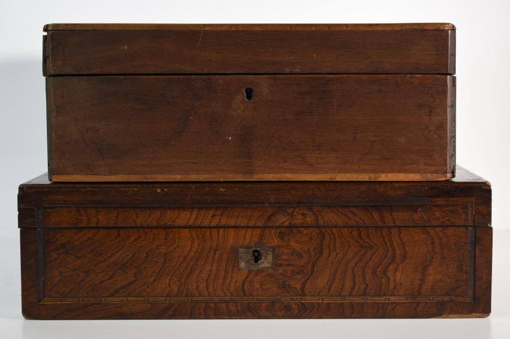 Antique Civil War Era Lap Desks: 1 the keys are there. But someone removed the lock plate on the front. Plate is in the 1 compartment of the desk. I didn't try the lock because of this. Size is 13.75 x 4 x 9 inches. Other 1 has no ke