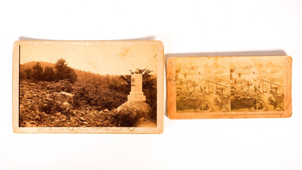 Civil War Era Cards: Larger cabinet card is of Big round top from little round top. With a scene of the foliage and monument. 8.5 x 5.25 inches. Other is a stereo optic card of meads hq shattered by shot and shell.