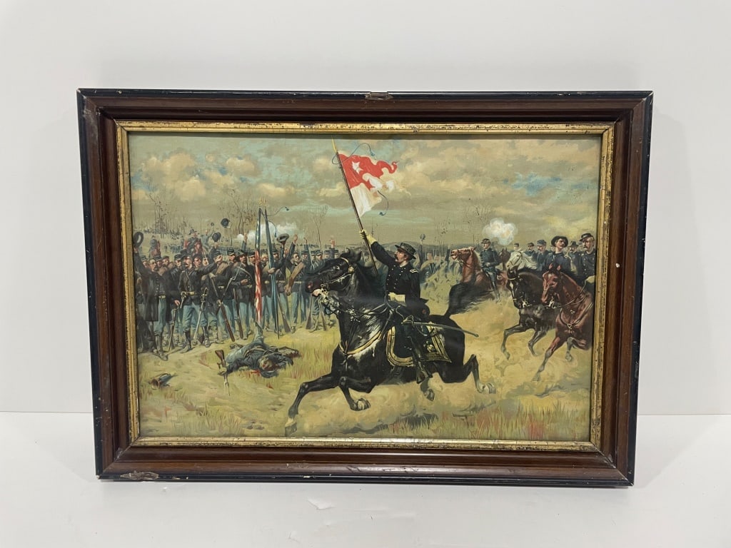 Framed Military Battle Artwork: Framed artwork depicting a military battle scene, featuring soldiers and cavalry in action. The piece includes a black and gold-toned wood frame with an approximate size of 23 W x 16 H. The vivid depi