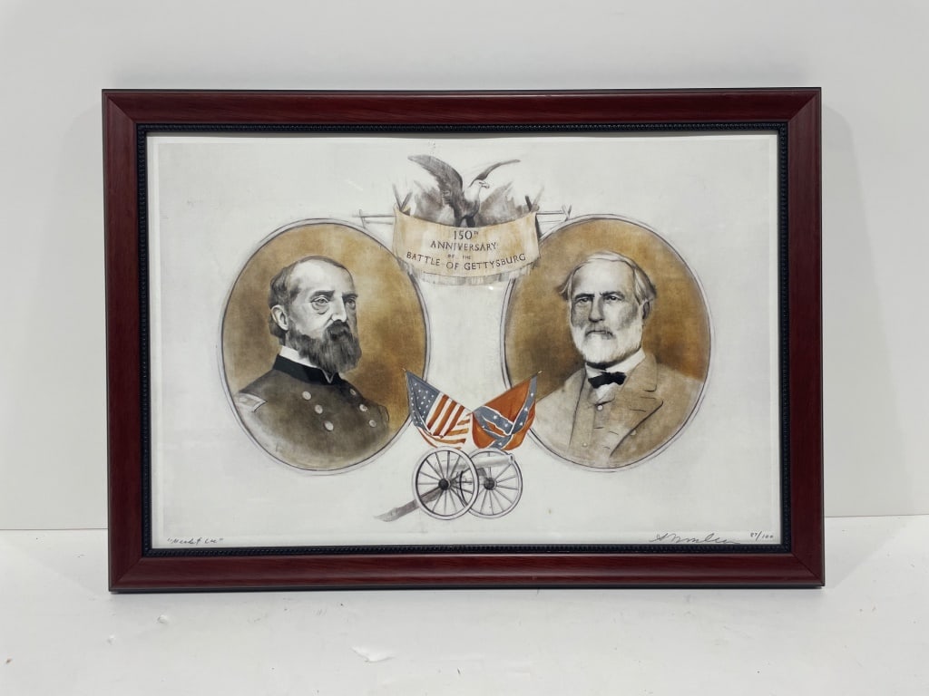 Framed Print Titled 'Meade & Lee': Framed print titled 'Meade & Lee,' depicting portraits of military figures with flags and an eagle illustration. Signed by artist and numbered '87/100.' Presented in a wood frame with bead detailing. 