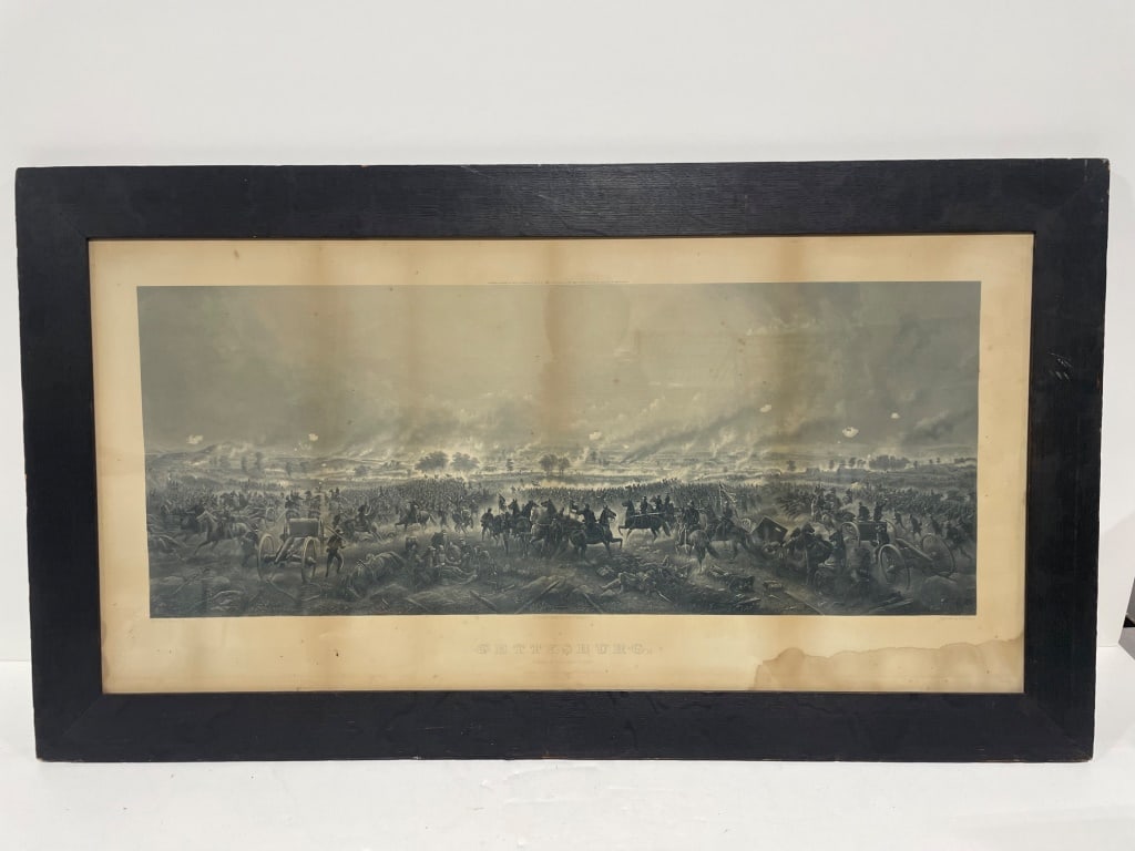 Antique Gettysburg Battle Lithograph: Framed Gettysburg battle lithograph depicting a civil war scene. Marked below, 'Gettysburg, Repulse of Longstreet's Assault.' Framed in a black-painted wood frame with dimensions 45 W x 25 H. Back pan
