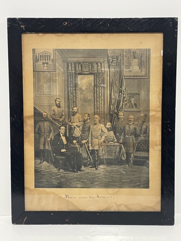 Antique Print of 'Davis and His Generals': Historical print titled 'Davis and His Generals' featuring Jefferson Davis and Confederate military leaders, including names such as Jackson, Lee, and Longstreet. Displayed in a black wood frame with 