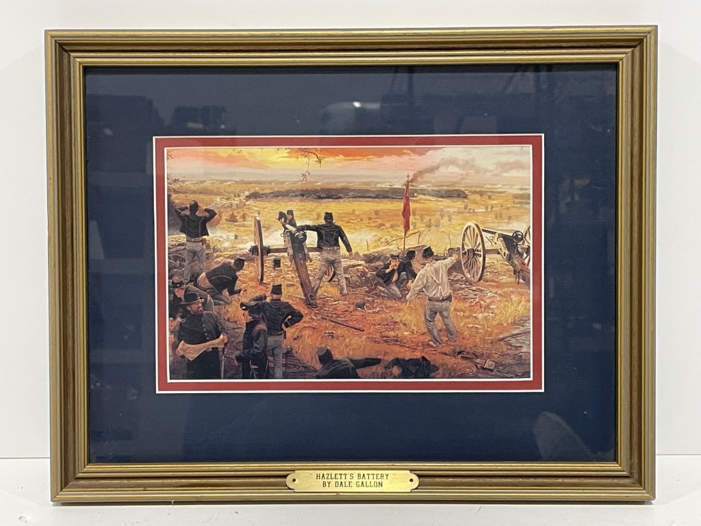 Dale Gallon 'Hazlett's Battery' Print: Framed artwork titled 'Hazlett's Battery' by Dale Gallon, depicting a historical scene of battle during the Civil War. Includes a brass nameplate mounted on the frame. Matted print measures 14 W x 12 