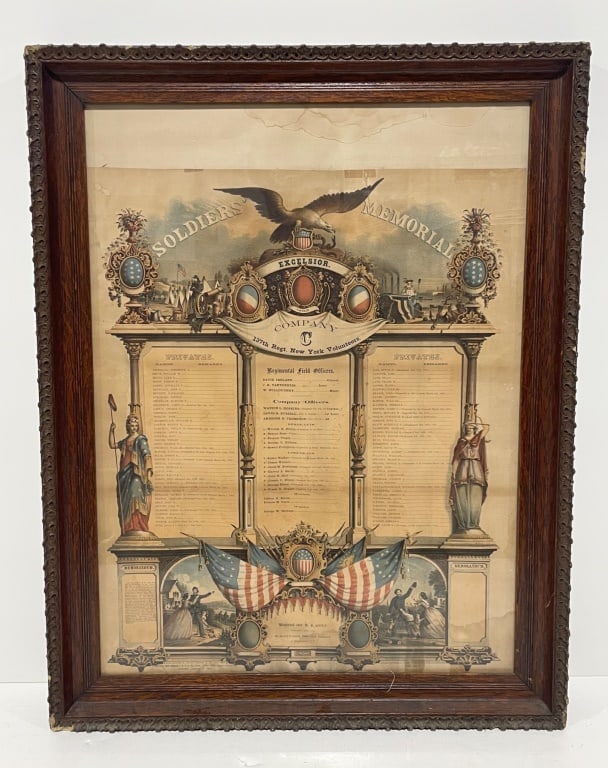 Framed Soldiers Memorial for 137th Regiment 1863: Hand-colored lithograph overlay listing the soldiers of the 137th Regiment, New York Volunteers. Titled 'Soldiers Memorial,' featuring decorative patriotic motifs, including an eagle, American shields