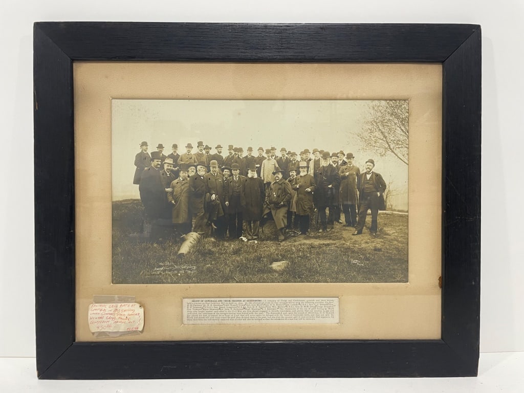 1893 Photograph of Union Generals Gettysburg: Framed photograph depicting a group of individuals, including notable generals, gathered at East Cemetery Hill, Gettysburg. Inscribed 'No. 1338R, East Cemetery Hill, Gettysburg, April 29th, 1893.'