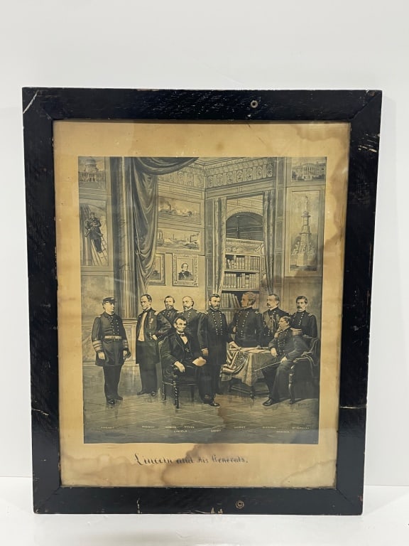 Antique Lincoln and Generals Early Print: Color print titled 'Lincoln and His Generals' featuring Abraham Lincoln with notable Union Army leaders. Names include Sherman, Thomas, Meade, Grant, and Hooker. Displayed in a black wood frame. Overa