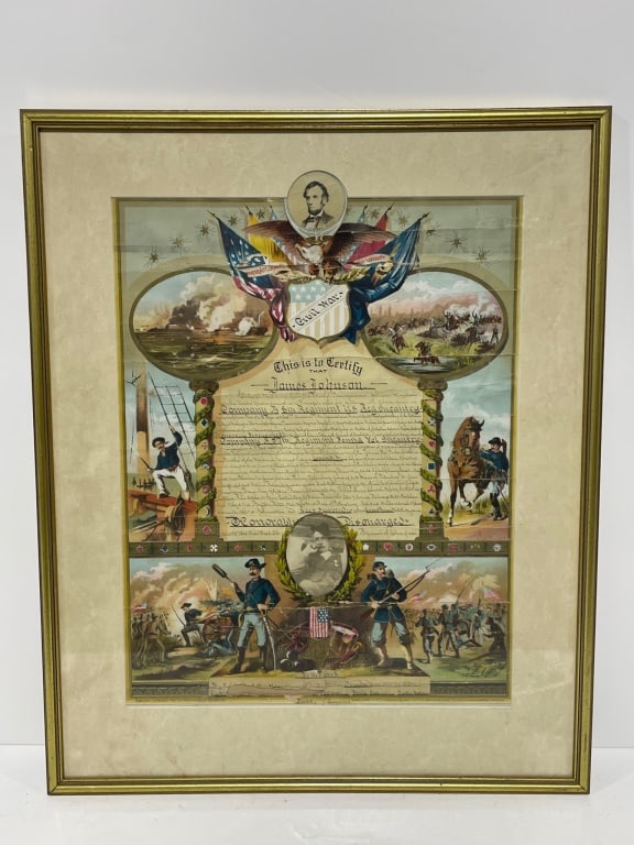 James Johnson Civil War Discharge Certificate 1865: Civil War, 8th regiment, infantry, certificate featuring detailed lithographic illustrations of battle scenes, soldiers, and patriotic motifs. Includes central text certifying service and a portrait. 