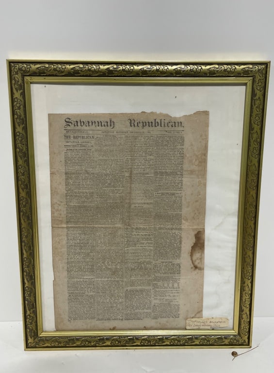 Savannah Republican Newspaper Circa 1864: Framed edition of the Savannah Republican newspaper dated 1864, associated with the Civil War and Sherman?s occupation. Displayed under glass in a decorative gold-tone frame, with a handwritten label 