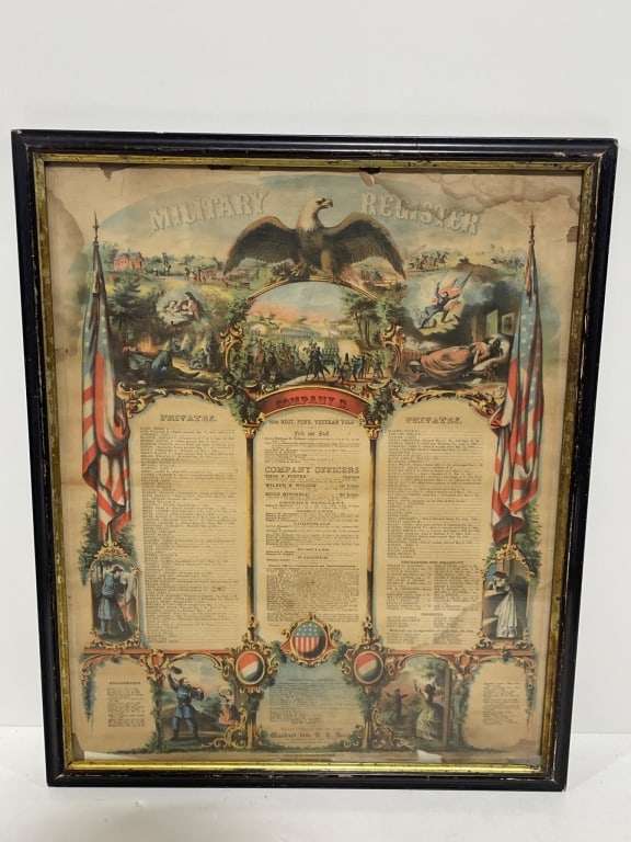 50th Regiment Military Civil War Document: Framed printed military document related to the 50th Regiment, Pennsylvania Veteran Volunteers. Includes names and organizational details with decorative patriotic motifs such as flags, eagles, and sh