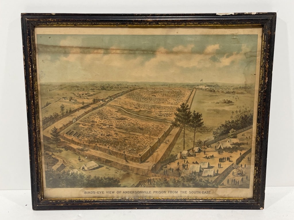 Antique Print of Andersonville Prison 1800s: Framed illustration titled 'Bird's-Eye View of Andersonville Prison from the South-East.' Depicts a detailed aerial view of the historic Civil War site with figures, tents, and surrounding fence struc