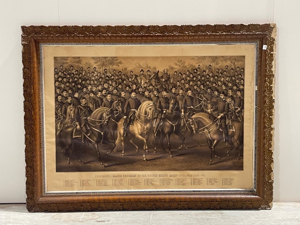 Antique Lithograph of Union Civil War Generals: Framed lithograph titled 'Full Rank-Major Generals of the United States Army-Civil War 1861-65.' Depicts a detailed gathering of Union Civil War generals on horseback. Framed in an ornate wood frame
