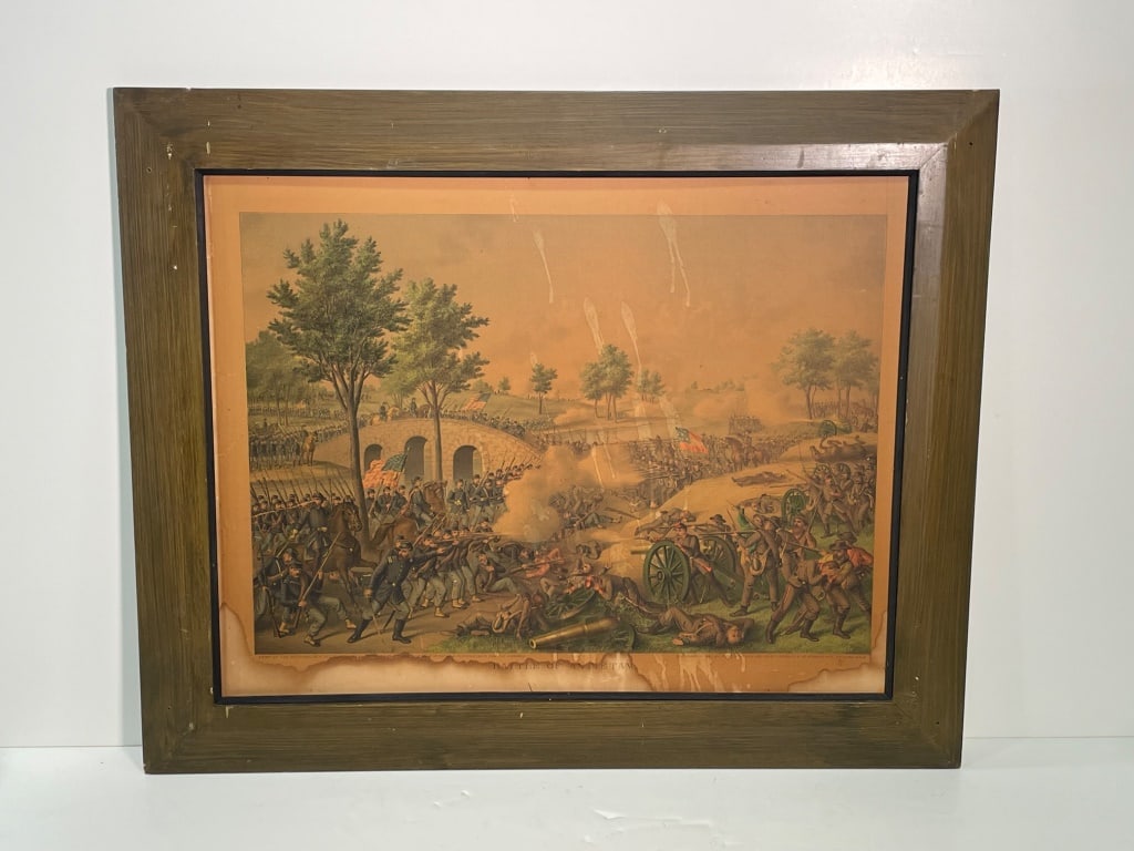 Antique Print of Battle of Antietam 1800s: Framed print depicting the Battle of Antietam, featuring detailed combat and landscape imagery. Signed "Kurz & Allison, Art Publishers, Chicago," below the illustration. Framed dimensions are 33 wide