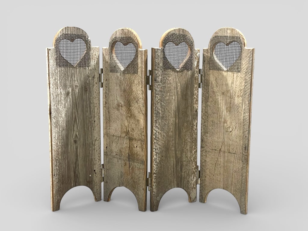 Wood Folding Screen With Heart Cutouts: A wood folding screen featuring four hinged panels with arched tops and heart-shaped cutouts backed by mesh detail. Each panel is crafted in a rustic finish with arched bottom cutouts. Measurements