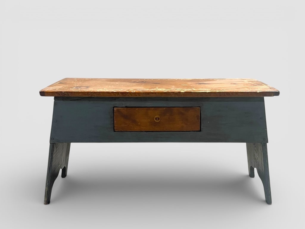 Painted Wood Storage Bench with Drawer: Wood storage bench featuring a rectangular top with natural wood finish, a painted blue-green body, and a single central pull-out drawer. The bench measures 38 W x 19 H. A functional piece suitable