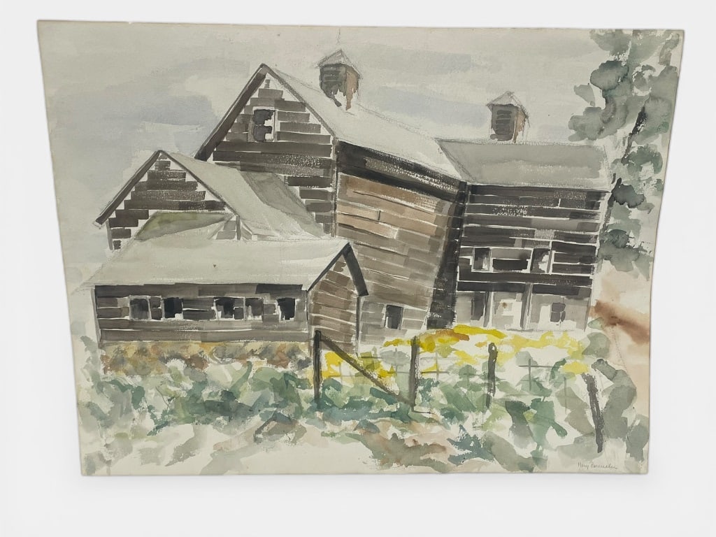 Watercolor Painting of Rustic Barns (Signed): Watercolor painting depicting rustic barns surrounded by greenery and wildflowers. Signed by the artist in the lower right corner. The artwork measures 26 W x 20 H. Provenance: Acquired from a single
