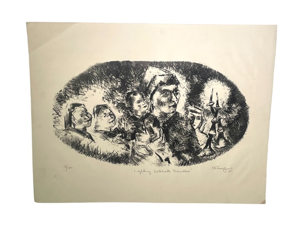 Etching Titled 'Lighting Sabbath Candles' (Signed): Lithograph titled 'Lighting Sabbath Candles' by an artist with a visible signature. Depicts an intimate group scene with a focus on tradition and candle lighting. Edition notation marked as 87/100. Ar