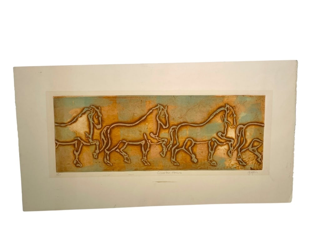 Grogan Colored Lithograph Quarter Horses: Textured artwork titled 'Quarter Horses' featuring horse motifs against a muted golden and blue background. Signed by the artist in the lower right corner. Dimensions are 27 W x 14 H. Mounted on a