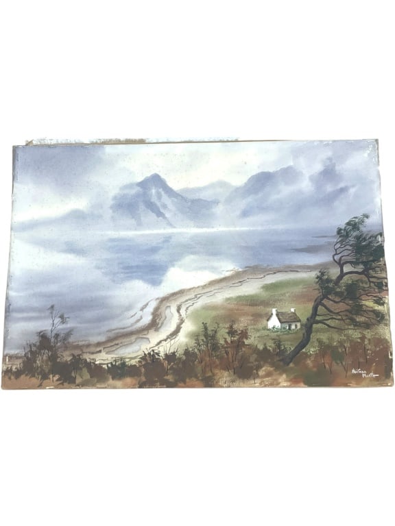 Norman Macpherson Watercolor Landscape: Watercolor painting by Norman Macpherson depicting a serene landscape with a cottage and tree in the foreground, overlooking a misty shoreline and mountains in the background. The painting measures