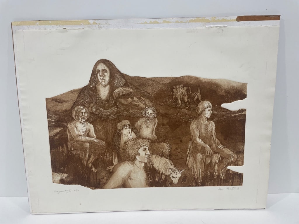 Sara Amourekh Etching Signed: Etching on paper depicting multiple human figures in an abstract landscape. Signed by the artist, Sara Amourekh, in pencil in the lower right. Edition marked as 4/50 in pencil in the lower left.