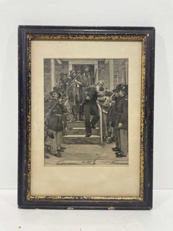 Civil War Era Etching: A lithograph print depicting a Civil War-era scene, housed in a rectangular wood frame with gold-toned inner trim. The detailed black-and-white composition captures a historic moment with uniformed