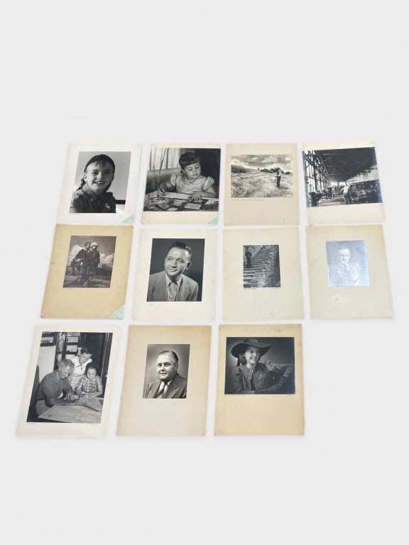 Silver Gelatin Photographs: Photographic prints featuring various portraits and scenes mounted on annotated backing boards. Largest piece measures 16 in W x 20 in H. Includes hand-written notes and labels on the reverse,