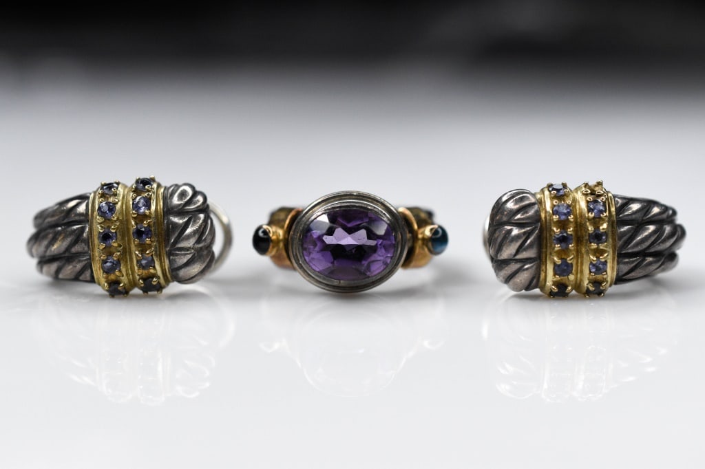 14K Gold & Sterling Jewelry 24.88g: Includes ring, earrings. All items measure approximately 1". Ring size is about a 7.