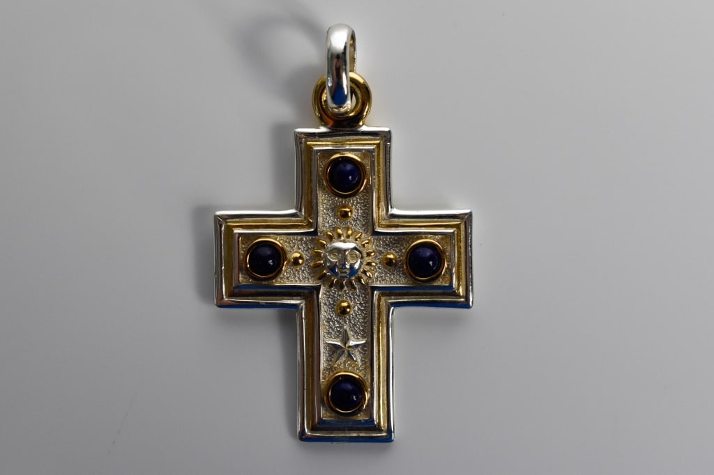 Sergio Bustamonte Sterling Pendant 1.32ozt: Large in cross form with cabachons .925 silver measuring 2.5"l. 1.32ozt