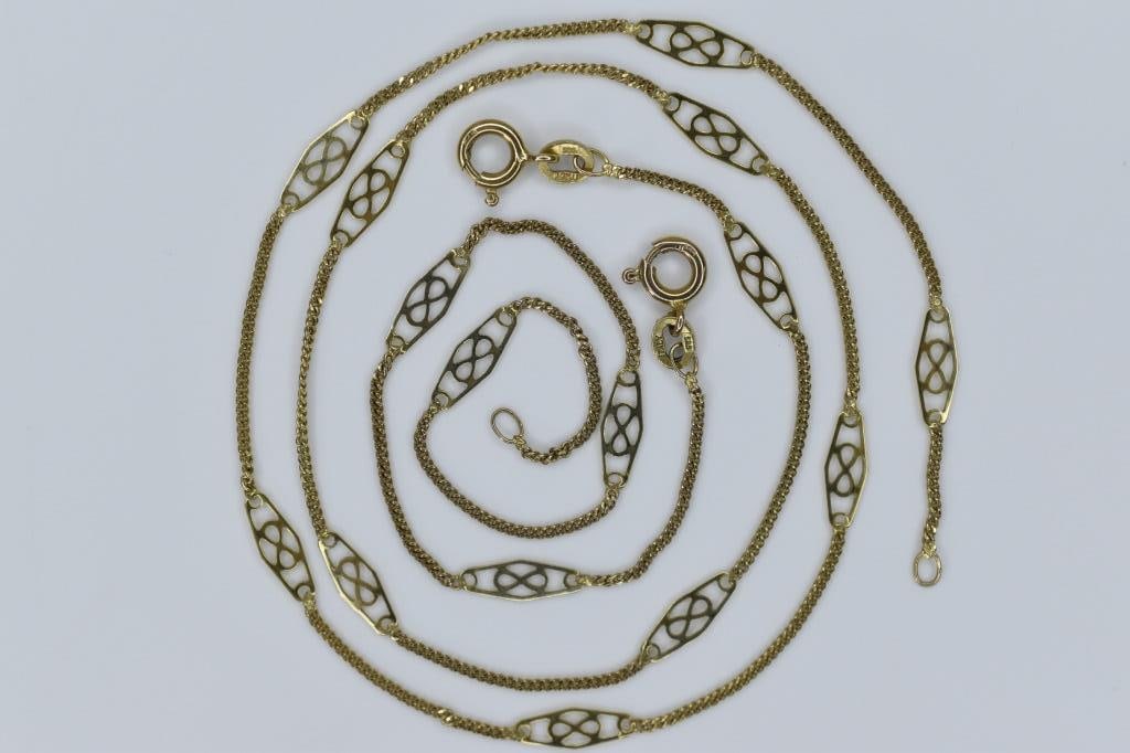 14K Gold necklace Suite 4.22g: Includes an approximately 16" long necklace and a bracelet. 585 gold 4.22g total weight.