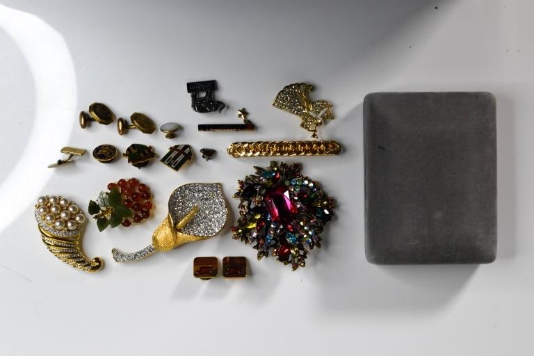 Costume Jewelry Pendants: Lot includes pins with stones, lapels, and buttons.