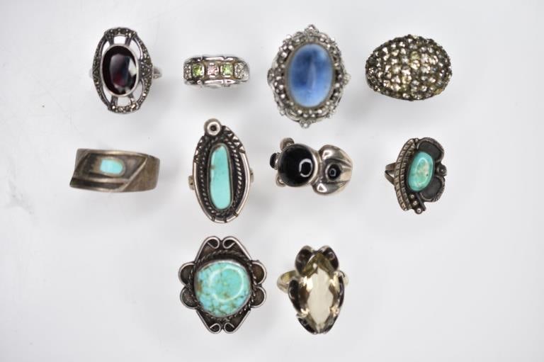 Sterling Silver Collection 2.53ozt: 2.53ozt sterling silver collection including 8ct of rings with turquoise garnet, quartz, glass, and more.