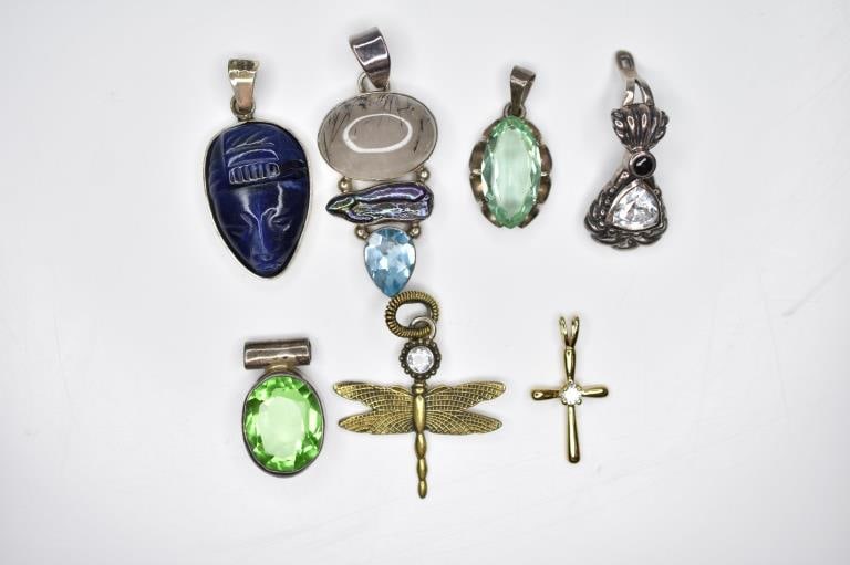 Sterling Silver Grouping 1.84ozt: Sterling Silver Grouping 1.84ozt Topaz, Jadeite, Lapis, Quartz, Glass, and more (7pcs)