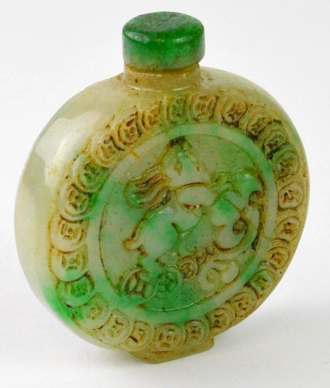 Chinese Apple Jade Snuff Bottle with Rabbit: Chinese apple jade snuff bottle with rabbit relief carving about 2 1/2 high Qing dynasty 540 carats."
