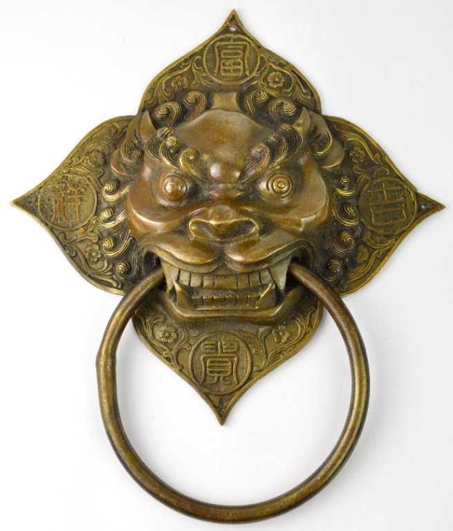 Large Tibetan Temple Door Knocker 19th Century: Large Tibetan Temple Lion Head Door Knocker 19th Century about 11 wide x 13" high"