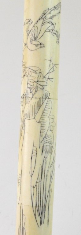 Chinese Scrimshaw on Bone Poets Calligraphy Brush: Chinese Scrimshaw on bone poets calligraphy brush with horsehair bristles ca 1920's about 12 long"