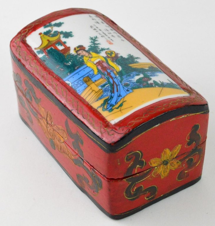 Chinese Porcelain Topped Hand Carved Box: Chinese Porcelain topped hand carved and laquered wooded box about 2 1/2 wide x 21/2" high x 4 1/2" long"