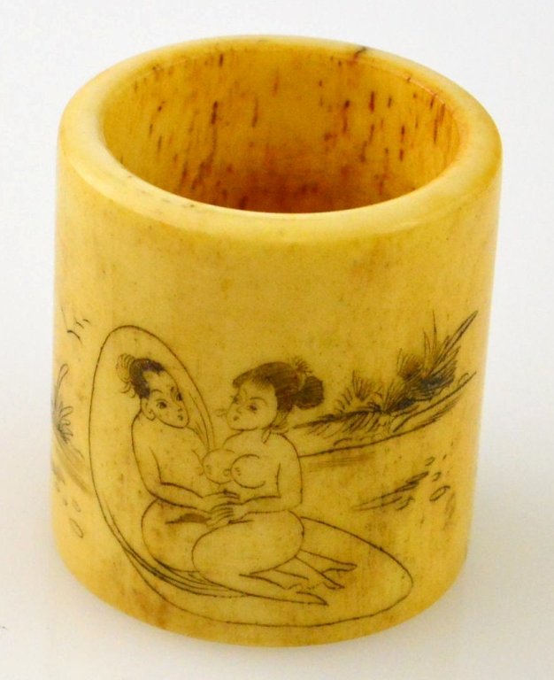 Chinese Erotic Scrimshaw on bone Archer Ring: Chinese Erotic Scrimshaw on bone Archer Ring. Hand carved