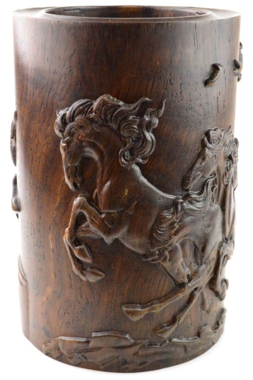 Chinese Calligraphy Brush Pot: Chinese Calligraphy Brush Pot Hand Carved Rosewood depicting running horses. approx 4.25 x 6.25""