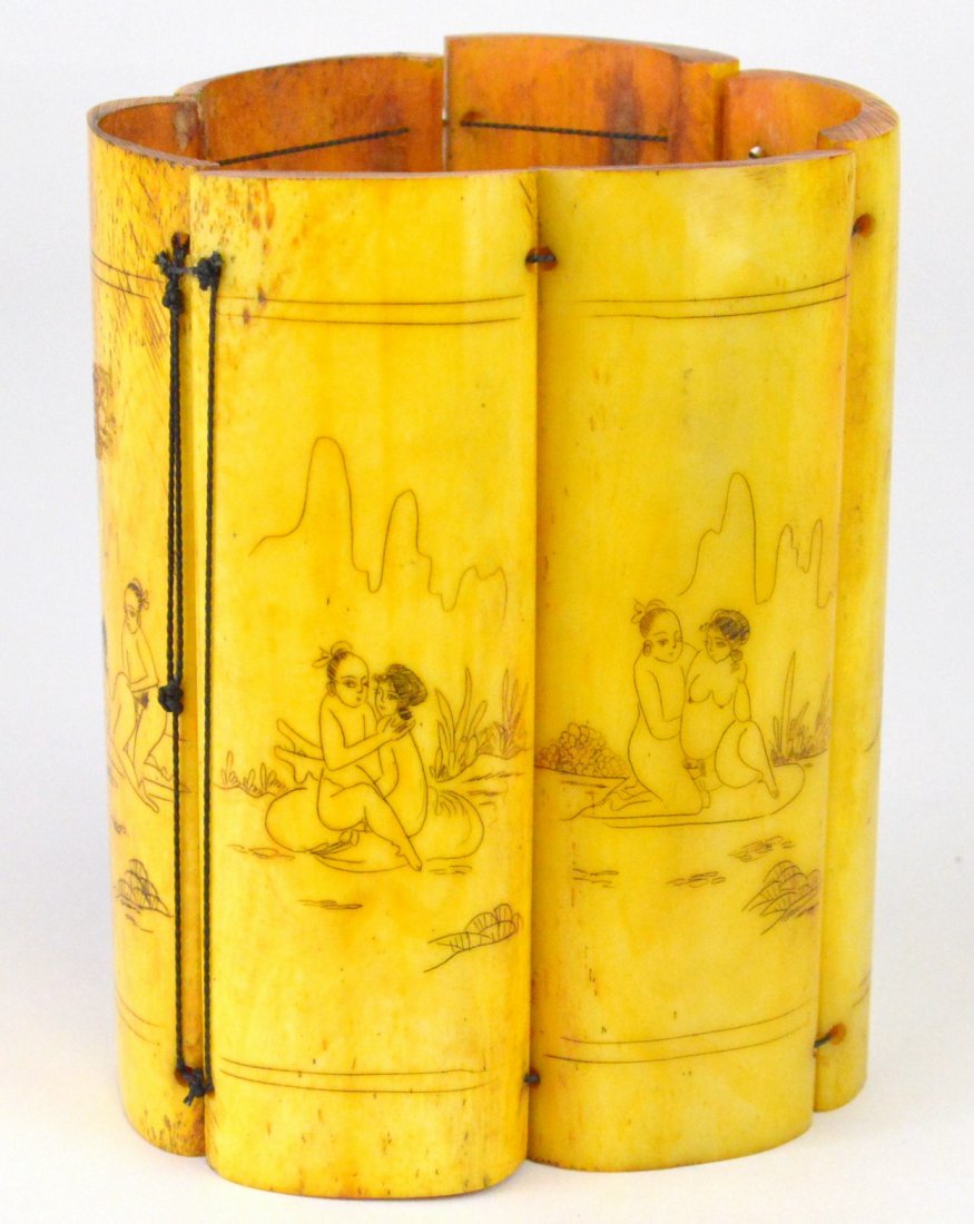 Chinese Erotic Scrimshaw on Bone Courting Bracelet: Chinese Erotic Scrimshaw on Rib Bone Courting Bracelet. re-strung.