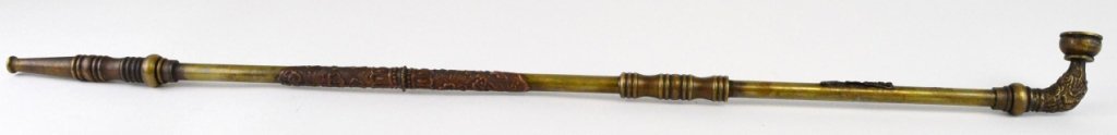 Chinese Brass and Copper Opium War Pipe: Chinese Brass and Copper Dragon Relief Opium Wars Pipe. Approximately 24.5 L"