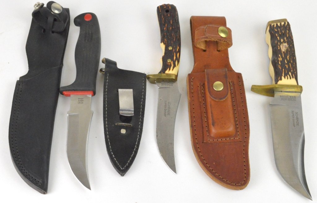 Group Lot of 3 Knives (2 Schrade, 1 Kershaw): Group Lot of 3 Knives (2 Schrade, 1 Kershaw) . Schrade hunter ( blade length 5.5, 10" overall), Schrade hunter (5" blade length, 9.5" overall) Kershaw ( 5" blade length, 10.25" overall)"