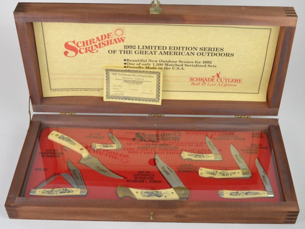 1992 Schrade Great American Outdoors Knife Set: 1992 Schrade Scrimshaw Limited Edition Series of the Great American Outdoors Knife Set . This is a 7 knife set # 244 of only 1500 sets. Set is beautifully displayed in original case.
